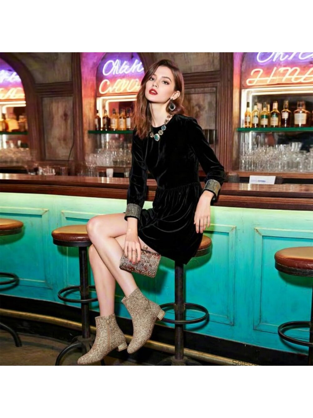 Sequin Block Heel Ankle Boots Sparkly Glitter Side Zip Dress Booties - Picture 3 of 6
